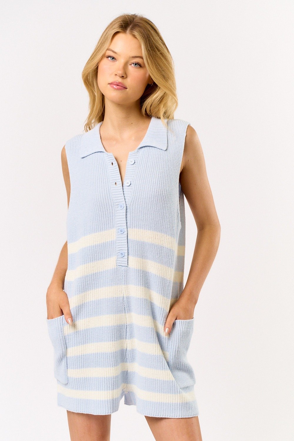Collared Sweater Romper Pale Blue Stripe