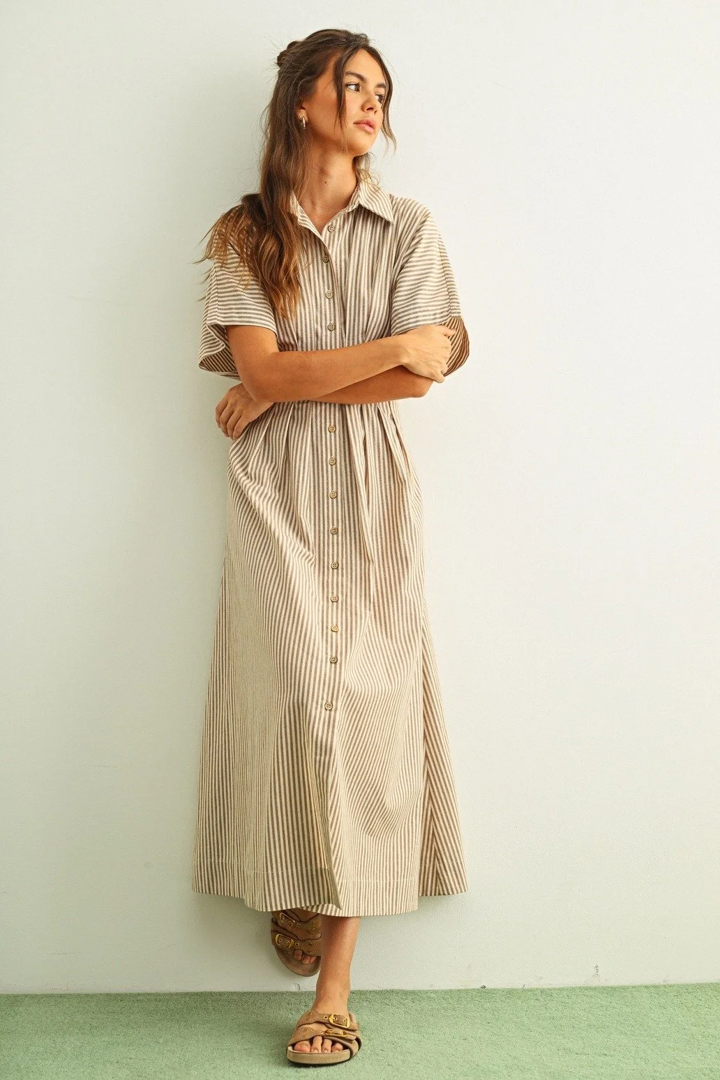 Pleated Button Down Shirt Dress Brown Stripe