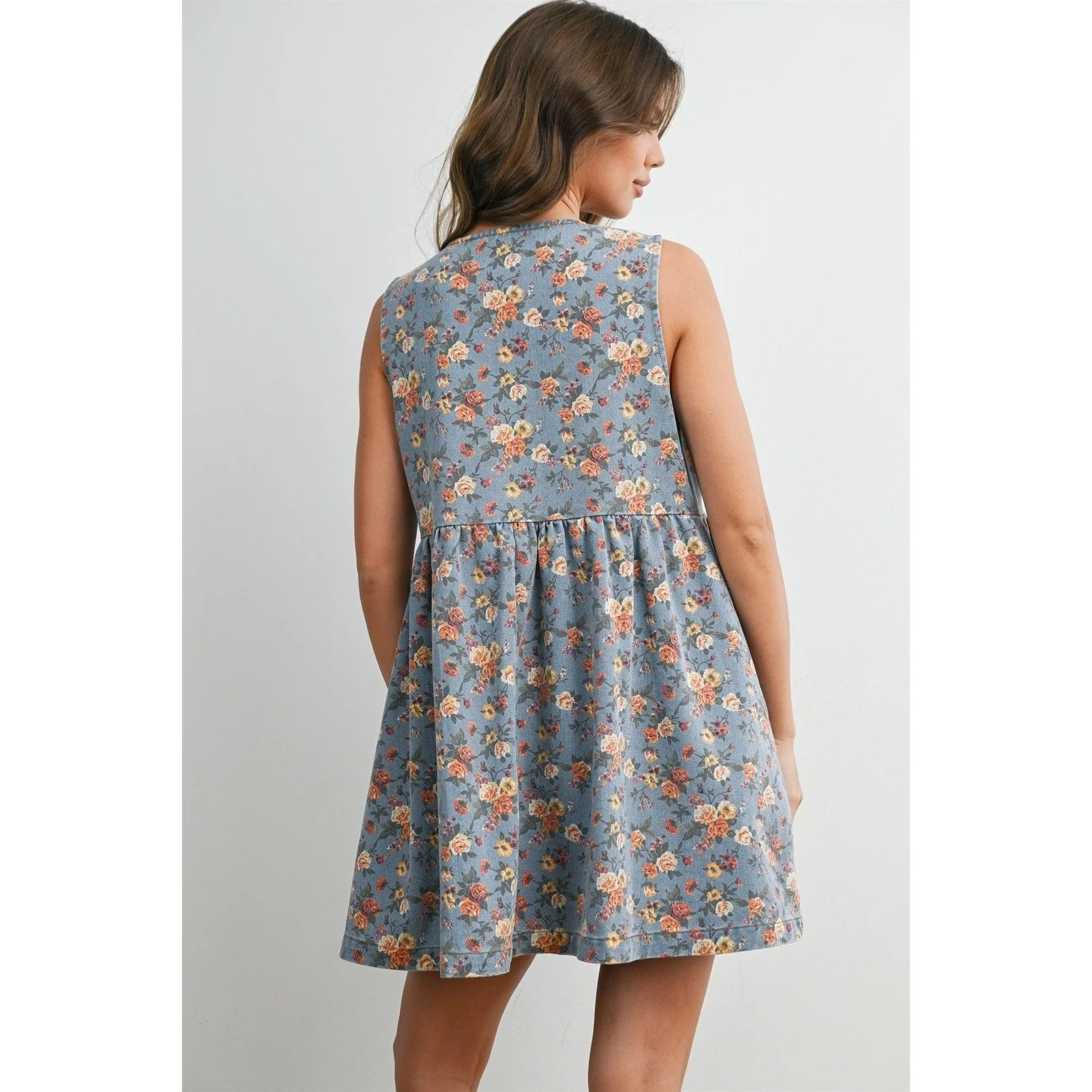 Tie-Front Babydoll Dress Denim Floral