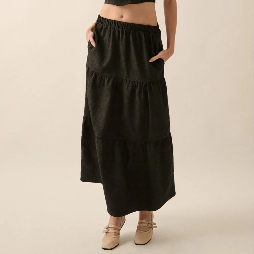 Tiered Crinkle Maxi Skirt Black