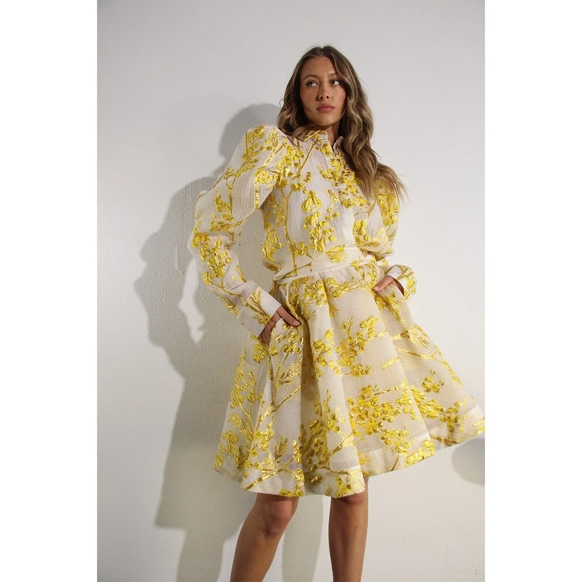 Embossed Print Puff Sleeve Blouse & Skirt Set Golden