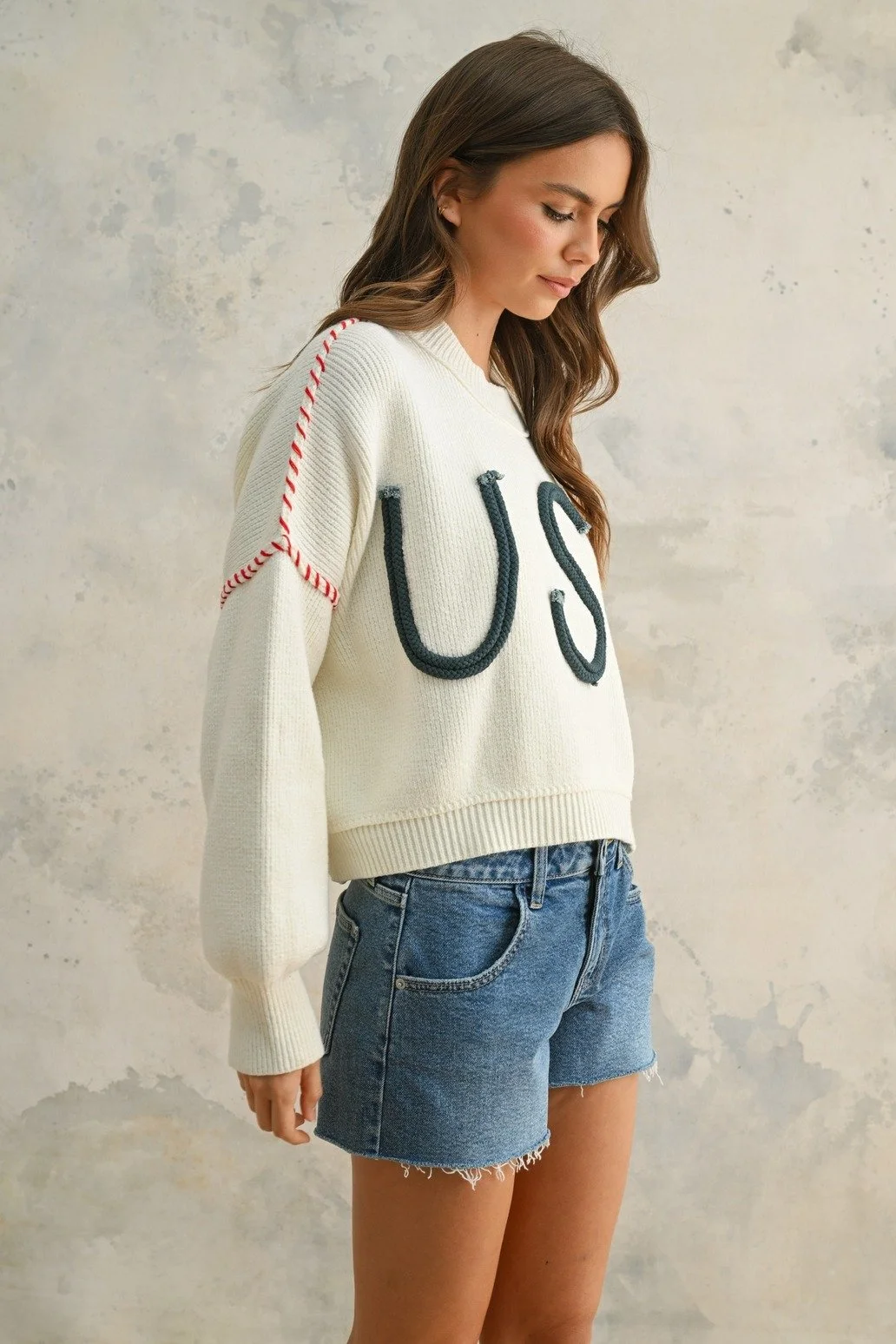 USA Rope Letter Sweater Cream
