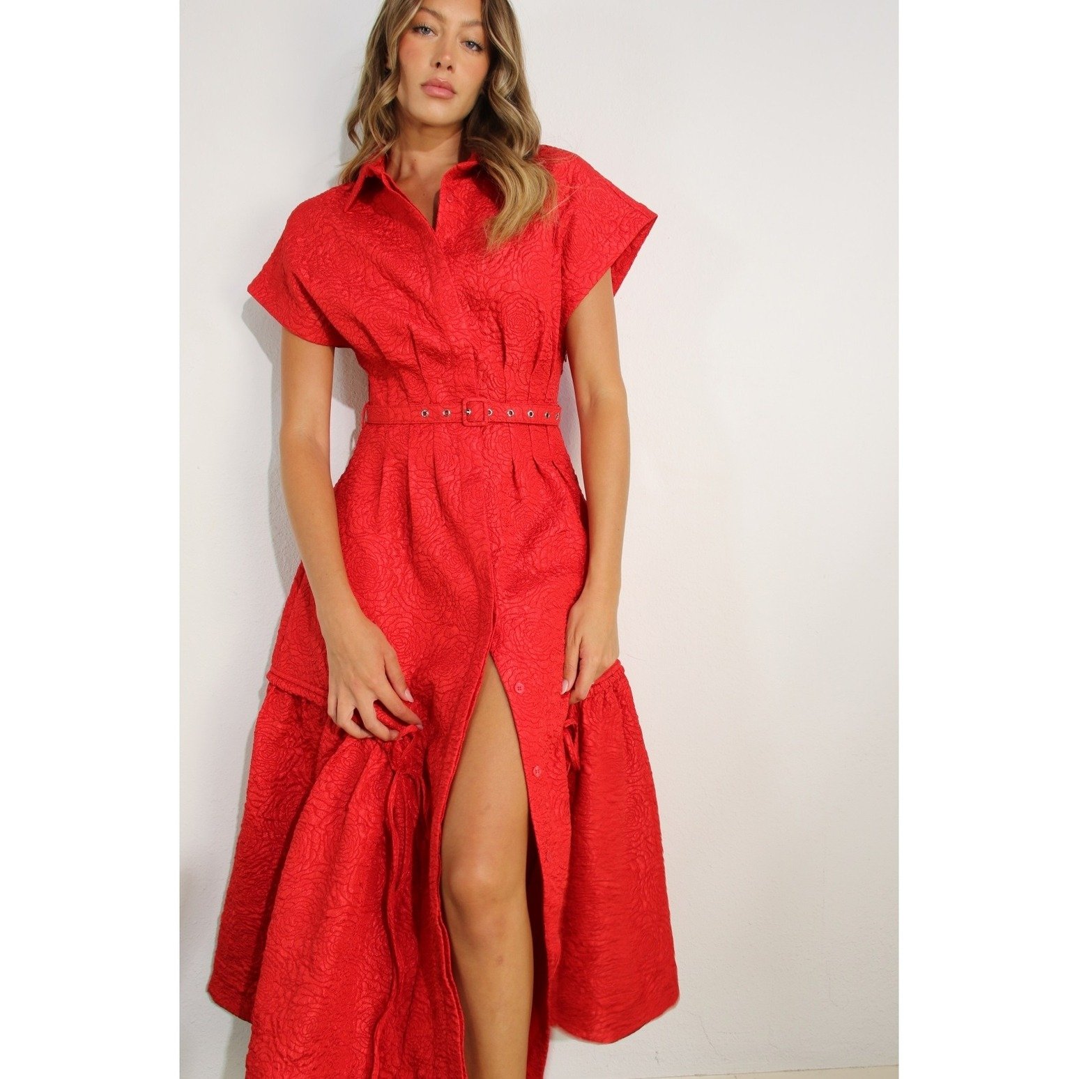 Floral Embossed Button Dress Red