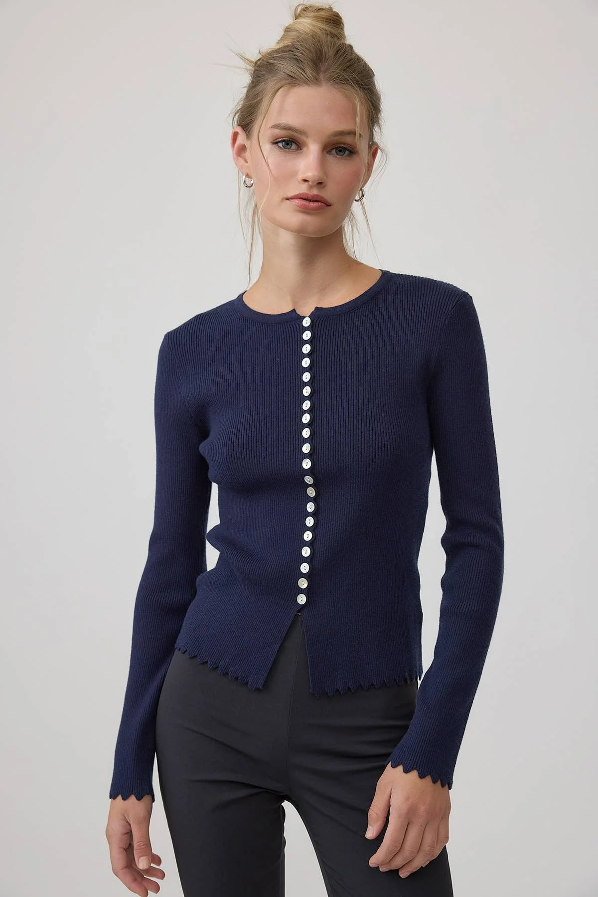 Scallop Trim Button Cardigan Navy