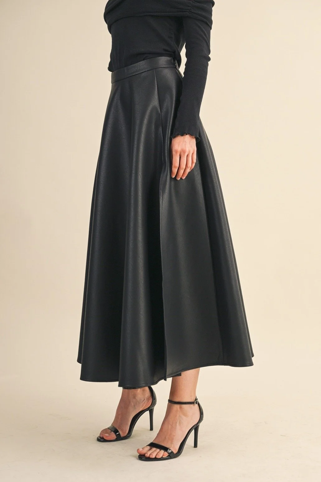Faux Leather A-line Maxi Skirt Black