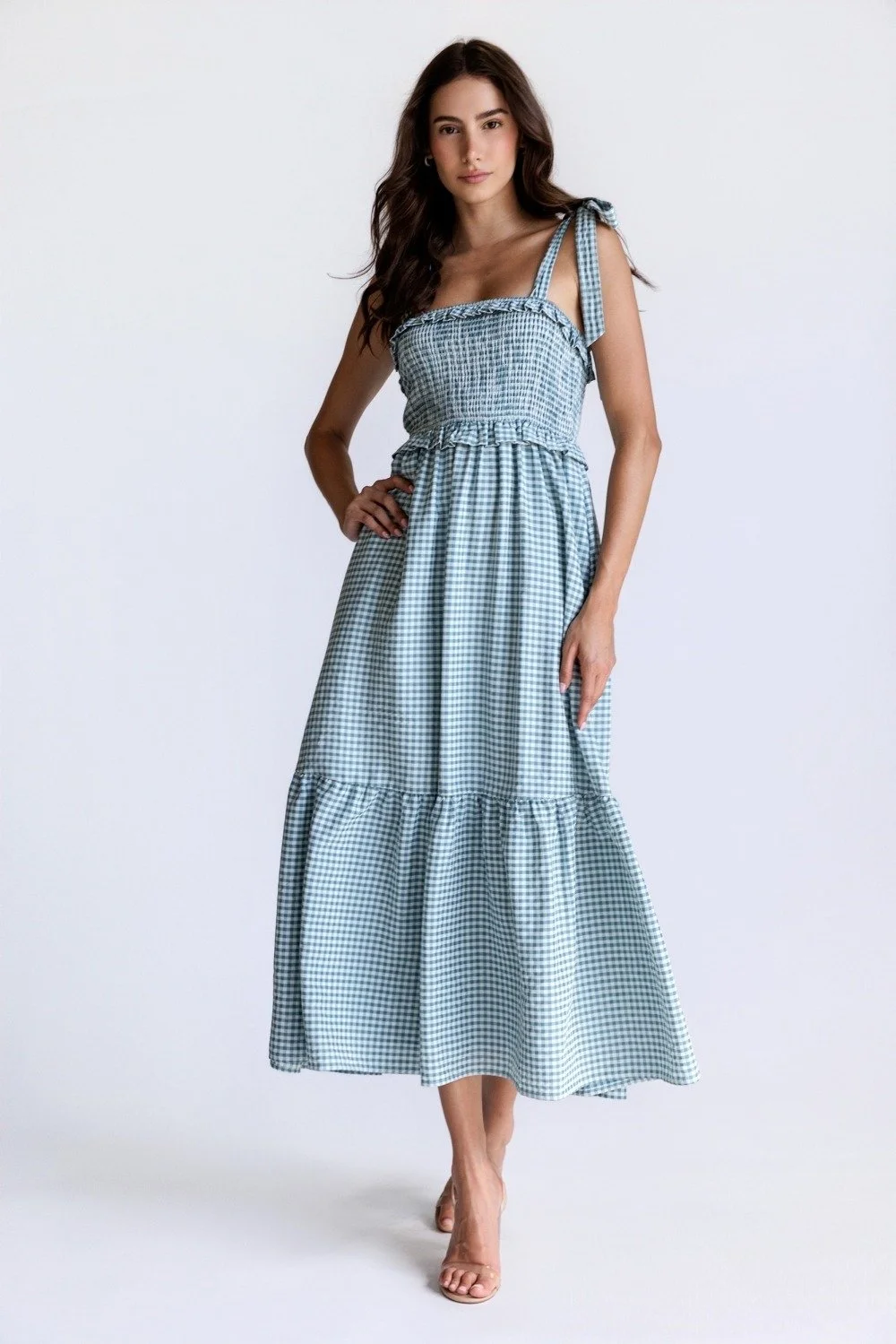Bow Strap Smocked Midi Dress Teal Gingham