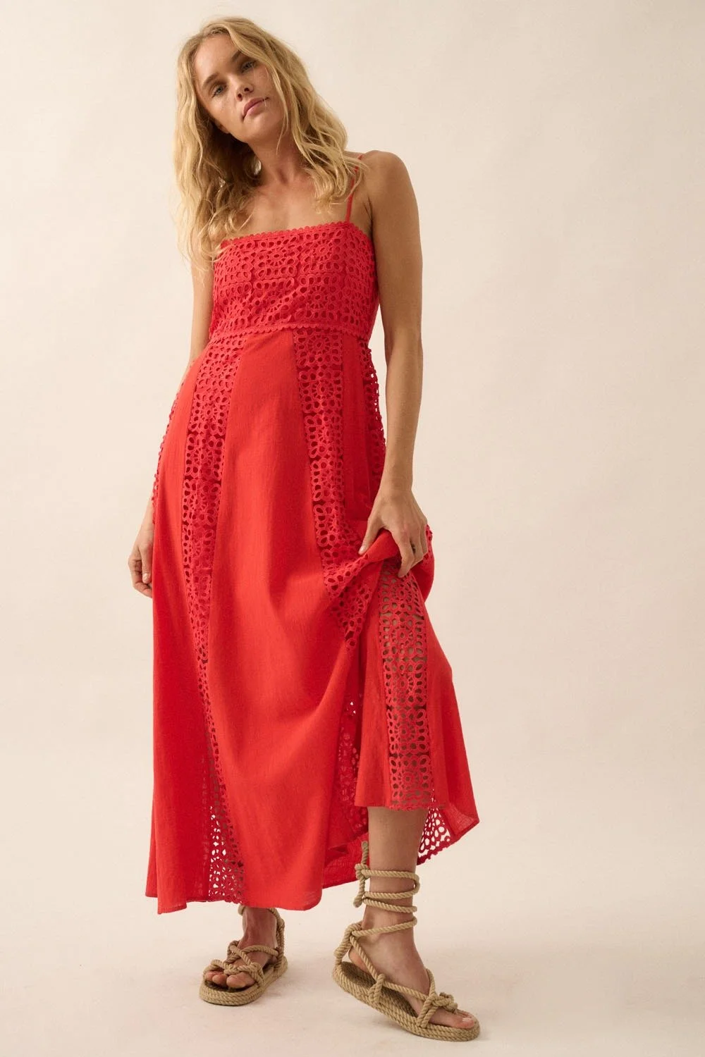 Crochet & Crepe Paneled Midi Dress Coral Red