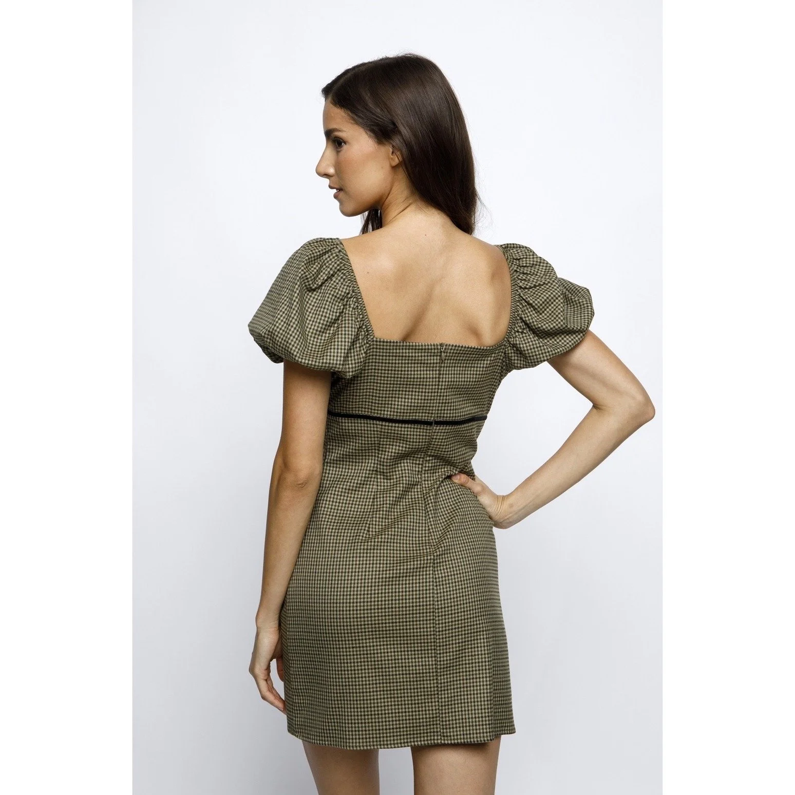 Puff Sleeve Mini Dress Olive Gingham