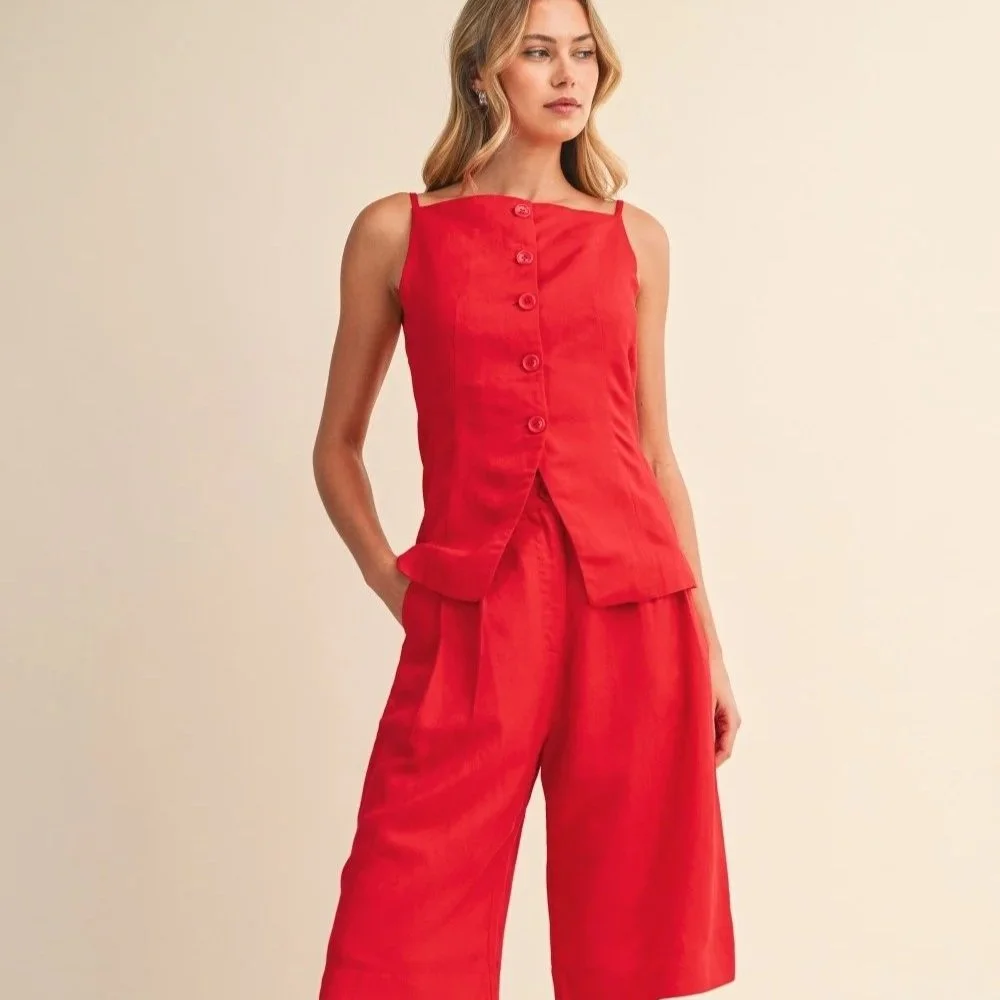 Linen Button Vest & Culotte Shorts Set Red