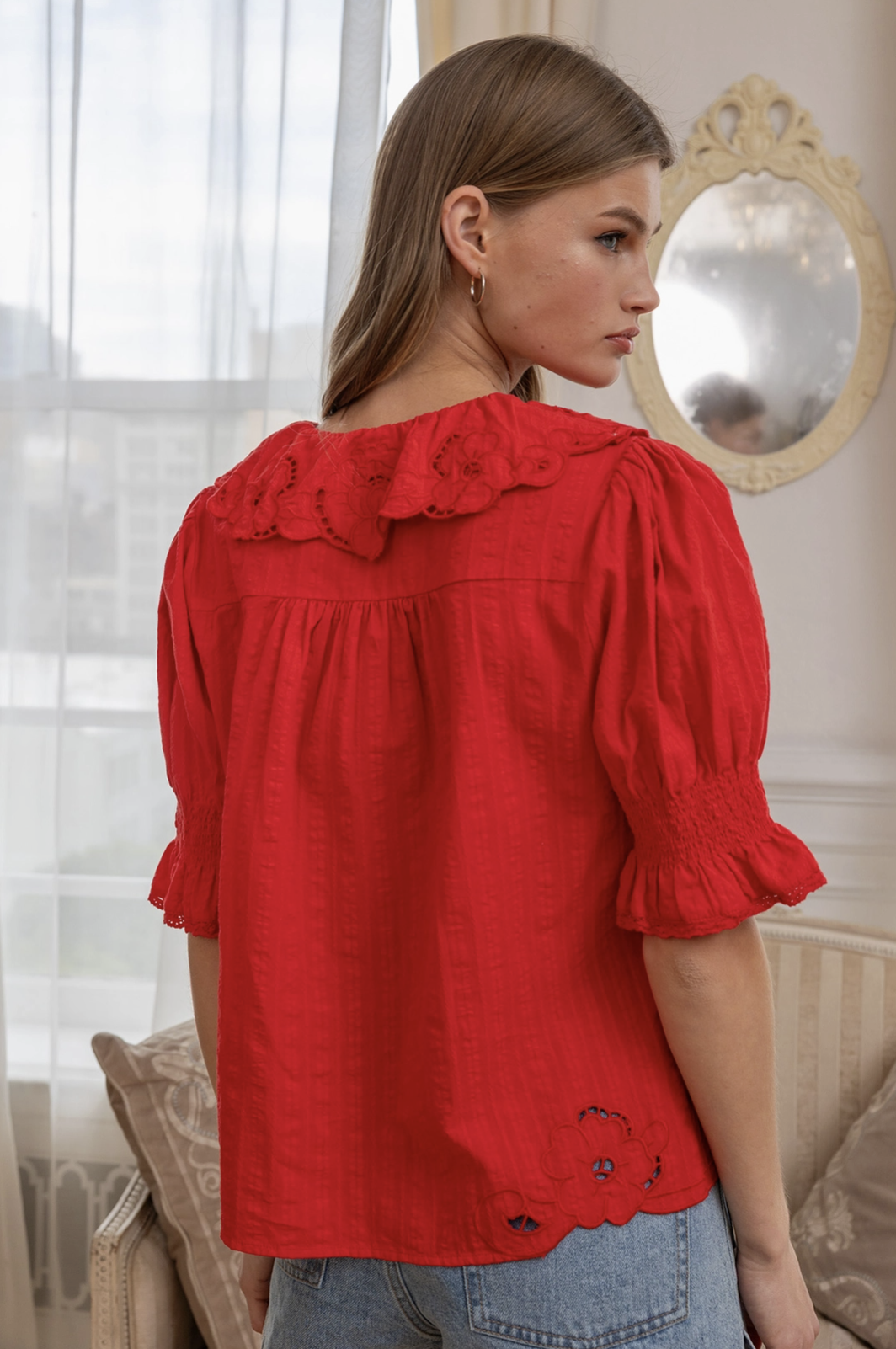 Embroidered Ruffle Collar Blouse Red