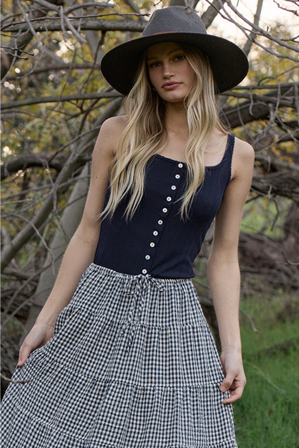 Pointelle Ribbed Button Front Cami Navy