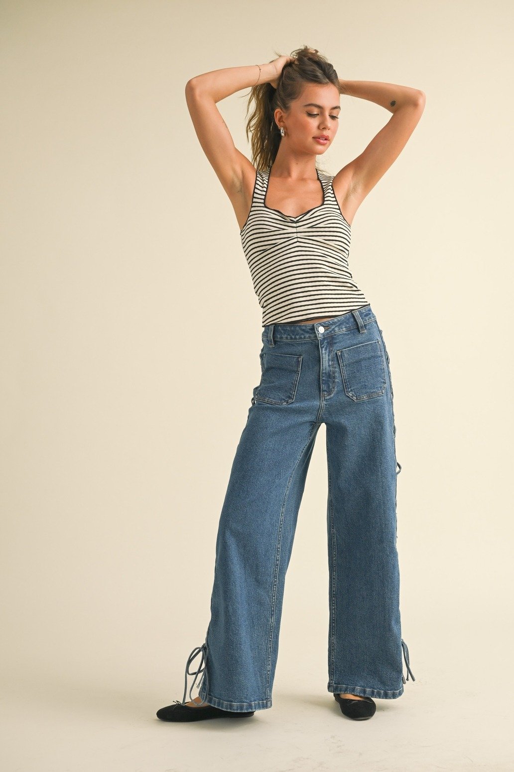 Ribbed Sweetheart Tank Cream Stripe