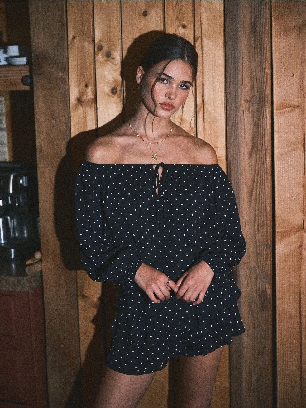 Emma Off-Shoulder Blouse Black Polka Dot