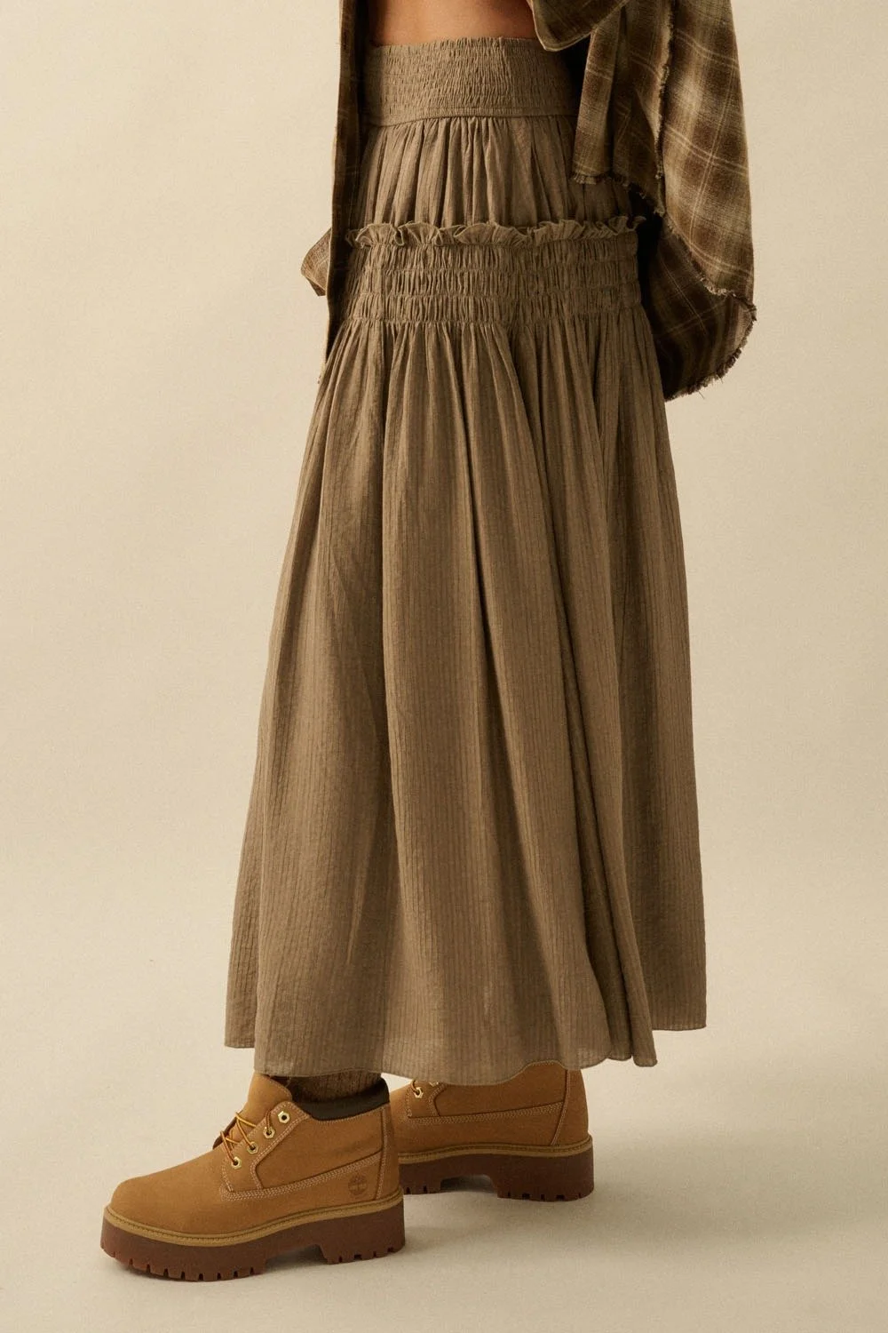 Smocked Drop Waist Maxi Skirt Stone