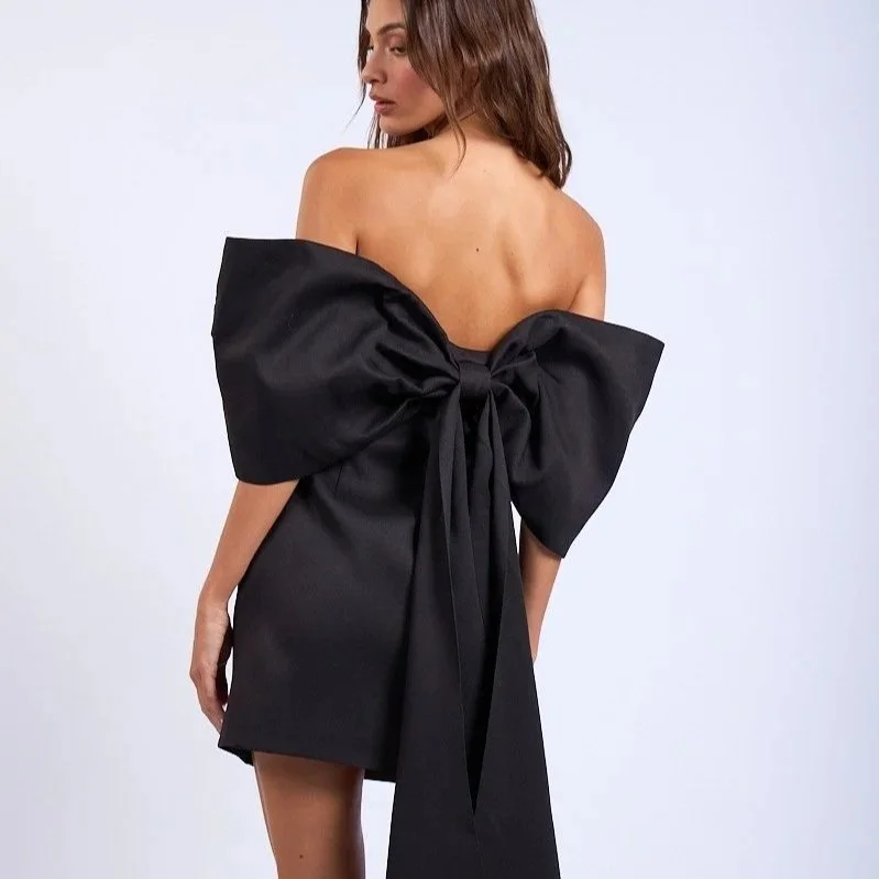 Off-Shoulder Exaggerated Bow Back Mini Dress Black