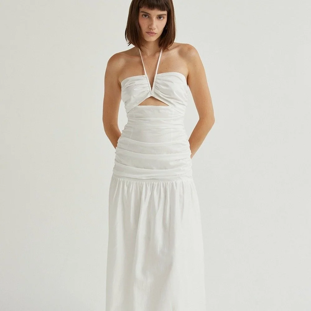 Heather Drop Waist Halter Midi Dress White