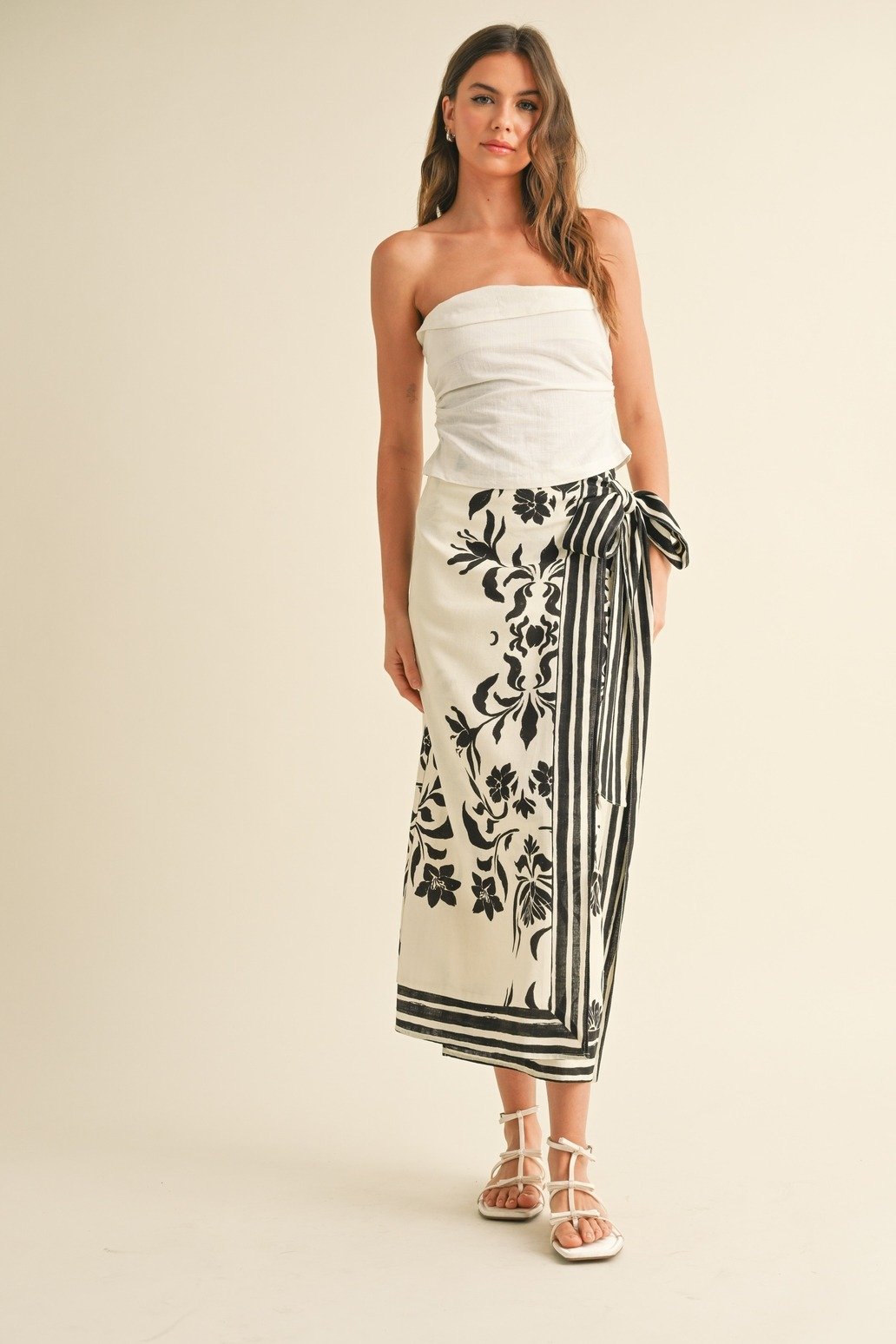Floral Linen Wrap Skirt Cream & Black