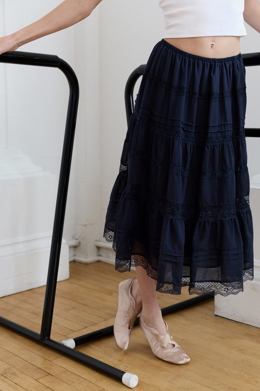 Lace Panel Tiered Midi Skirt Navy
