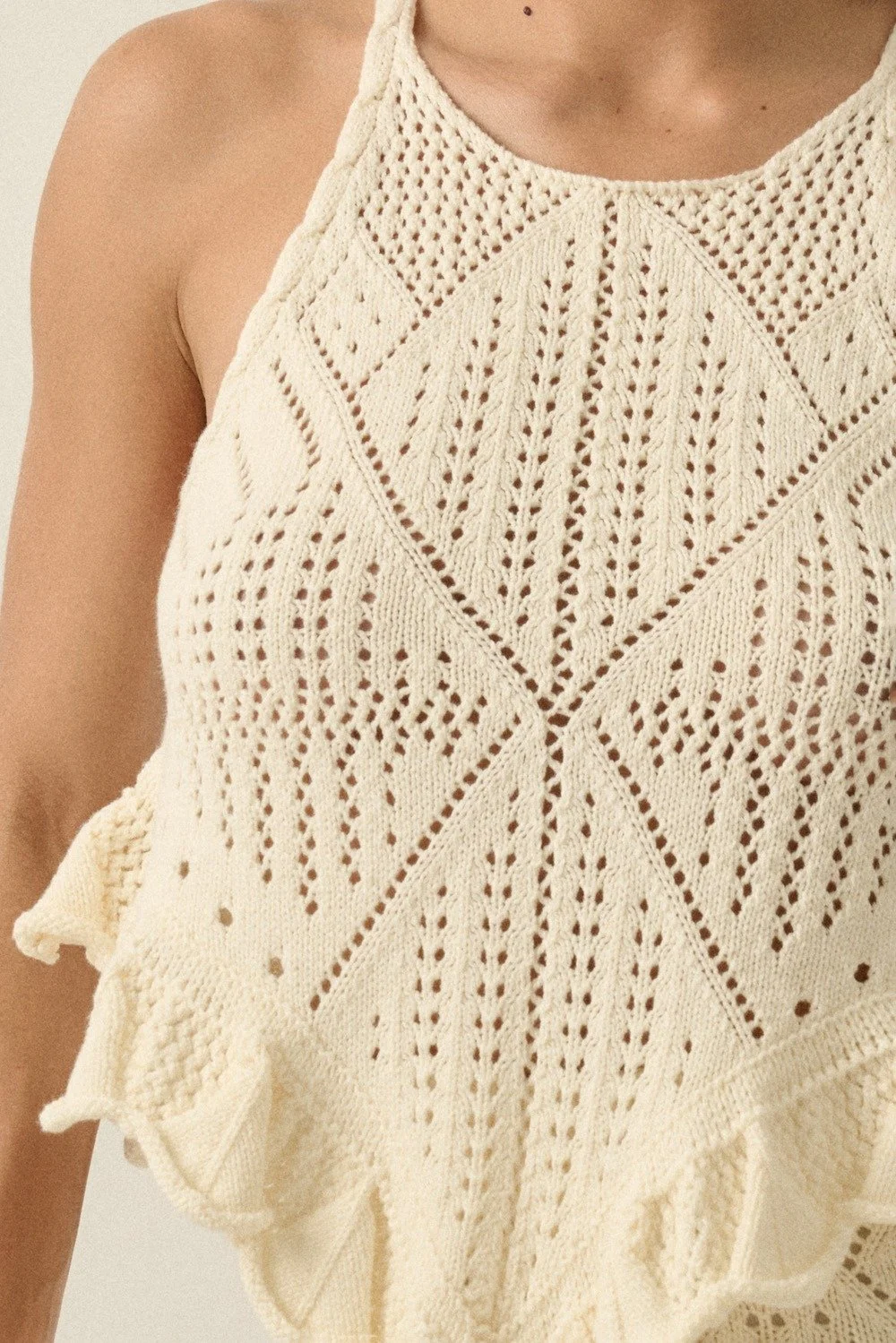 Pointelle Crochet Ruffled Handkerchief Top Cream