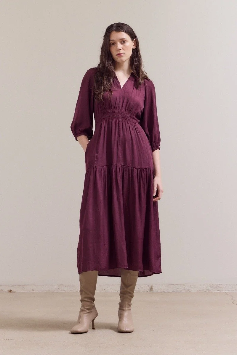 3/4 Sleeve Satin Midi Dress Plum Wine