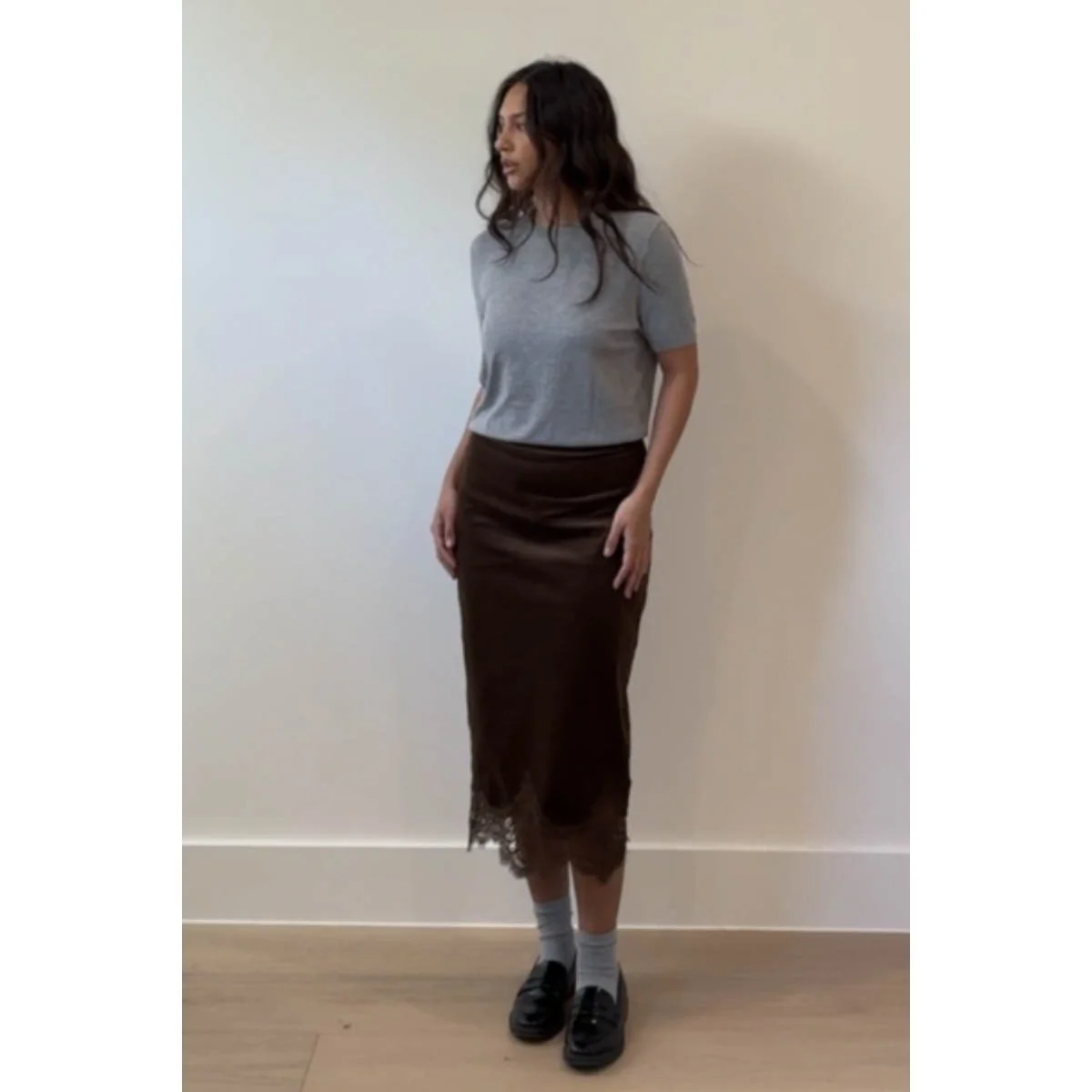 Lace Trimmed Corduroy Midi Skirt Chocolate