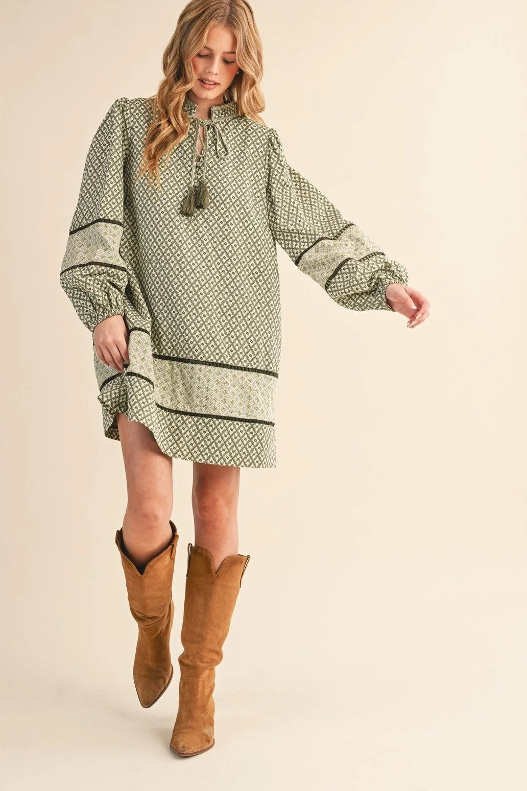 Tie Collar Mini Shift Dress Sage Olive Print