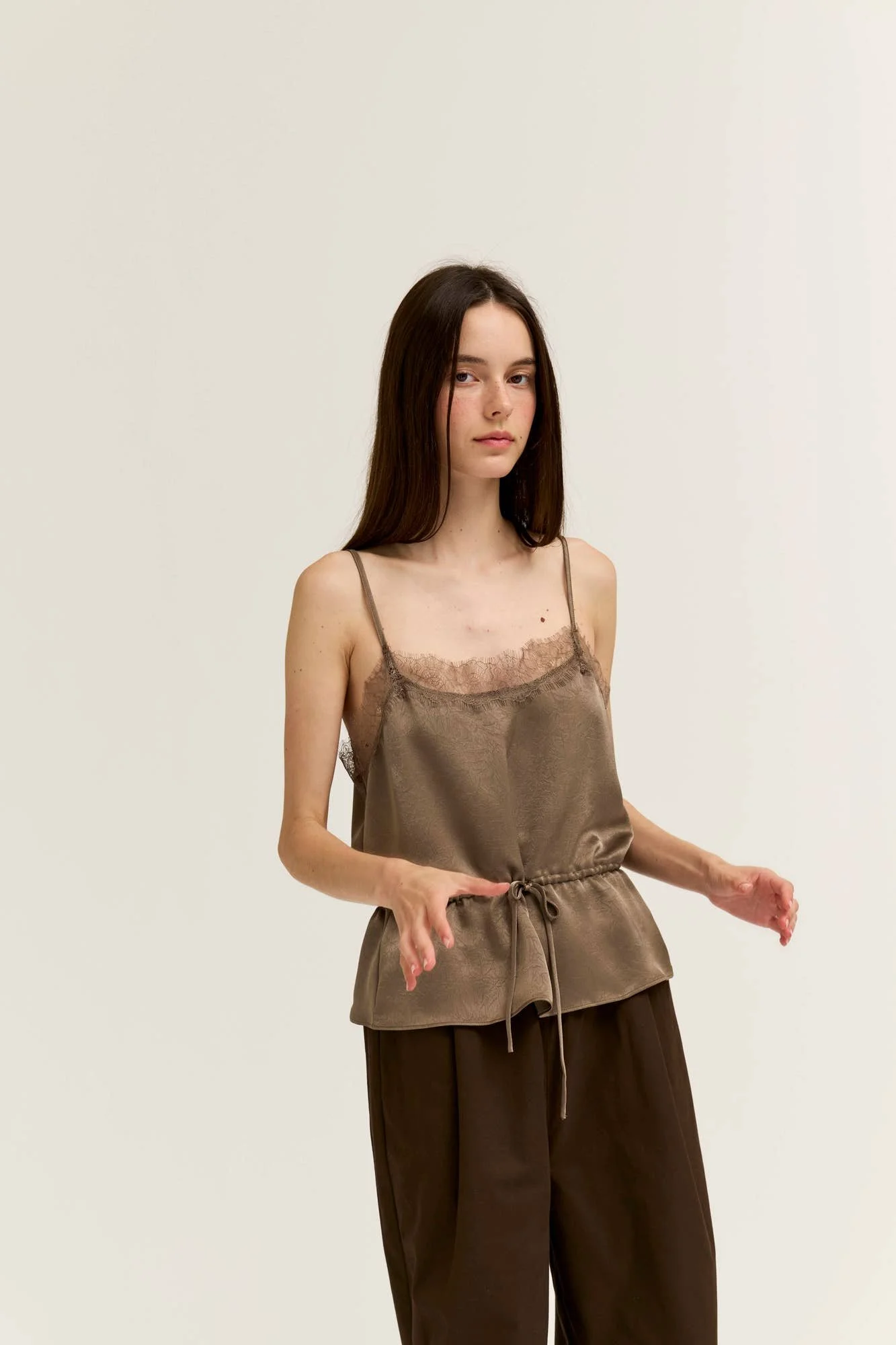 Crinkle Satin & Lace Slip Top Mushroom Taupe