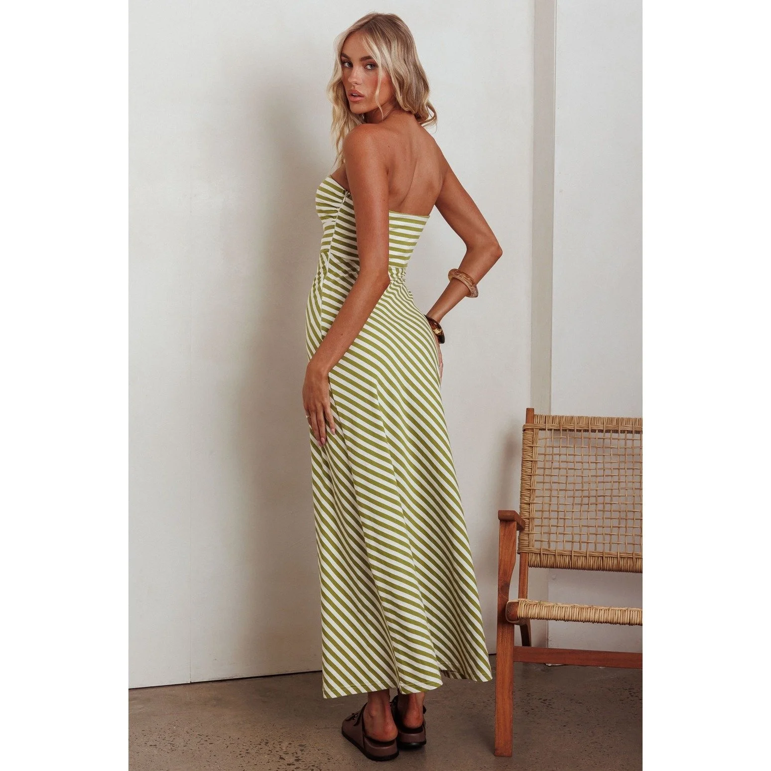 Strapless Striped Maxi Sundress Green Pea