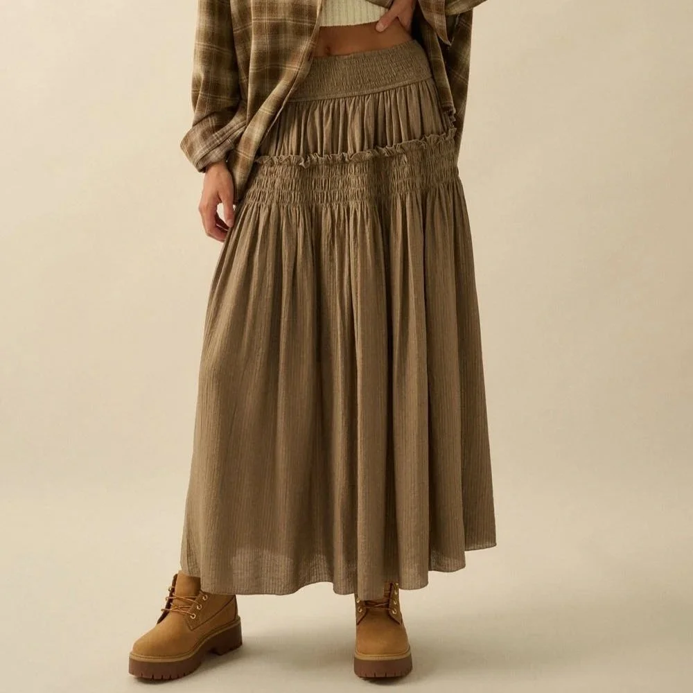 Smocked Drop Waist Maxi Skirt Stone