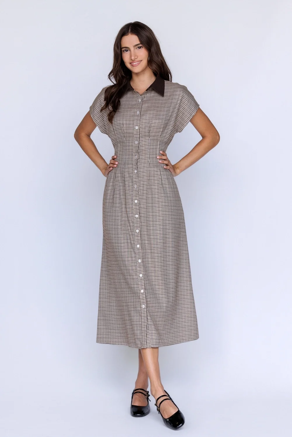 Pinch Pleat Collared Button Down Midi Dress Houndstooth