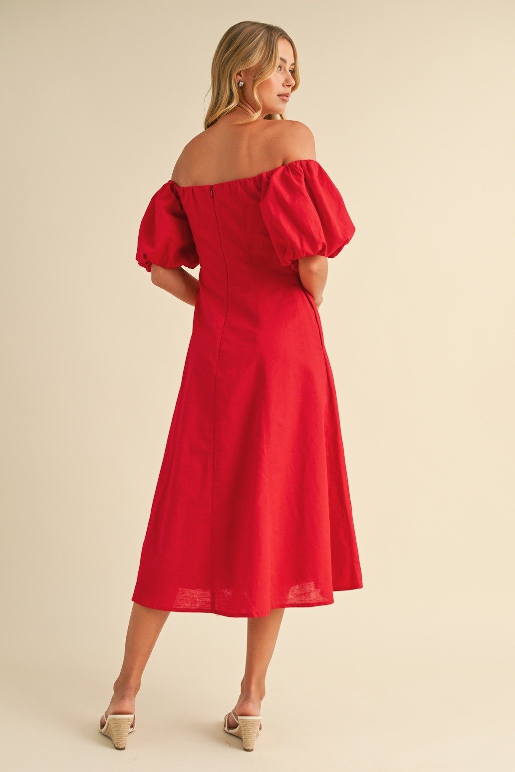 Puff Sleeve Off-Shoulder A-line Midi Dress Red