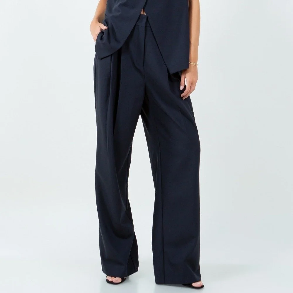 Pleat Front Straight Leg Suit Trousers Navy