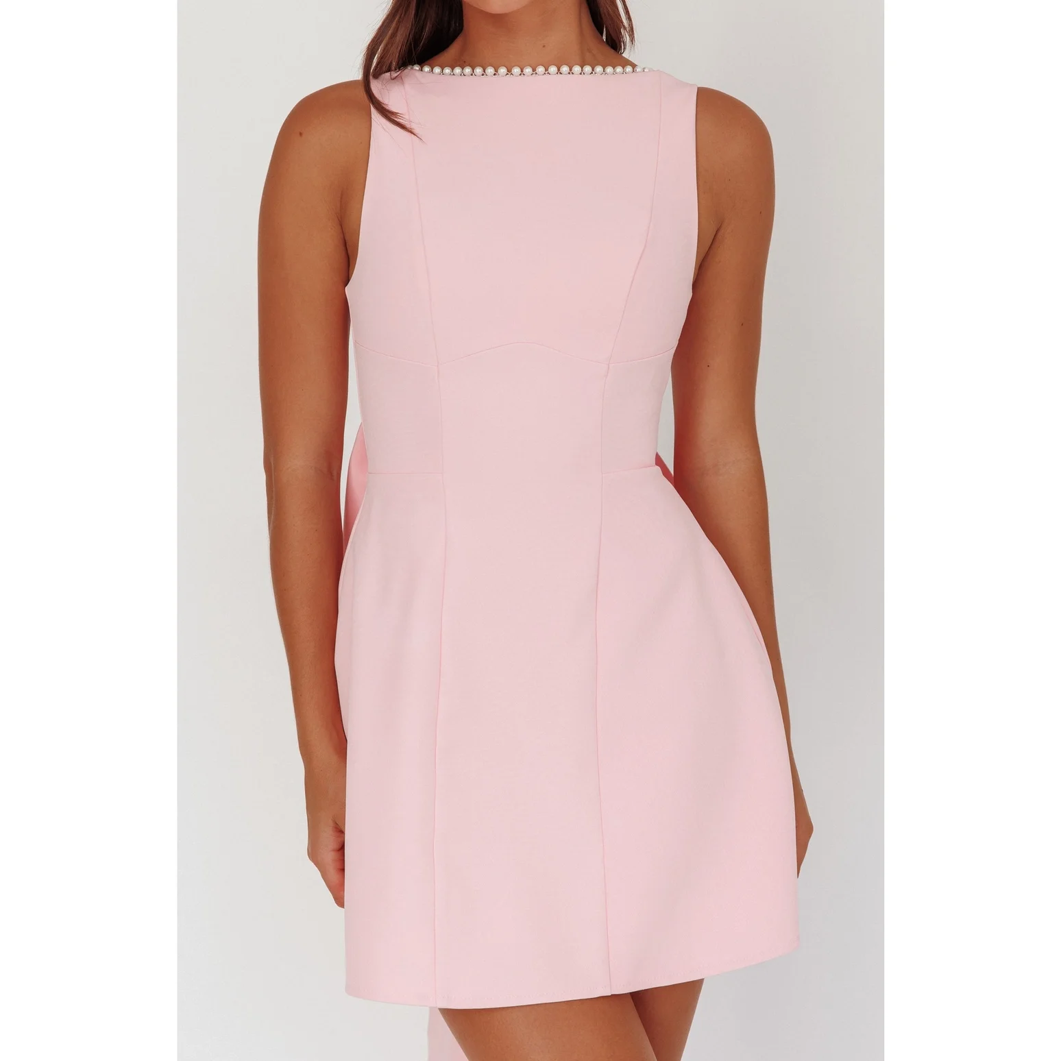 Boatneck Pearl Bow Mini Dress Pink
