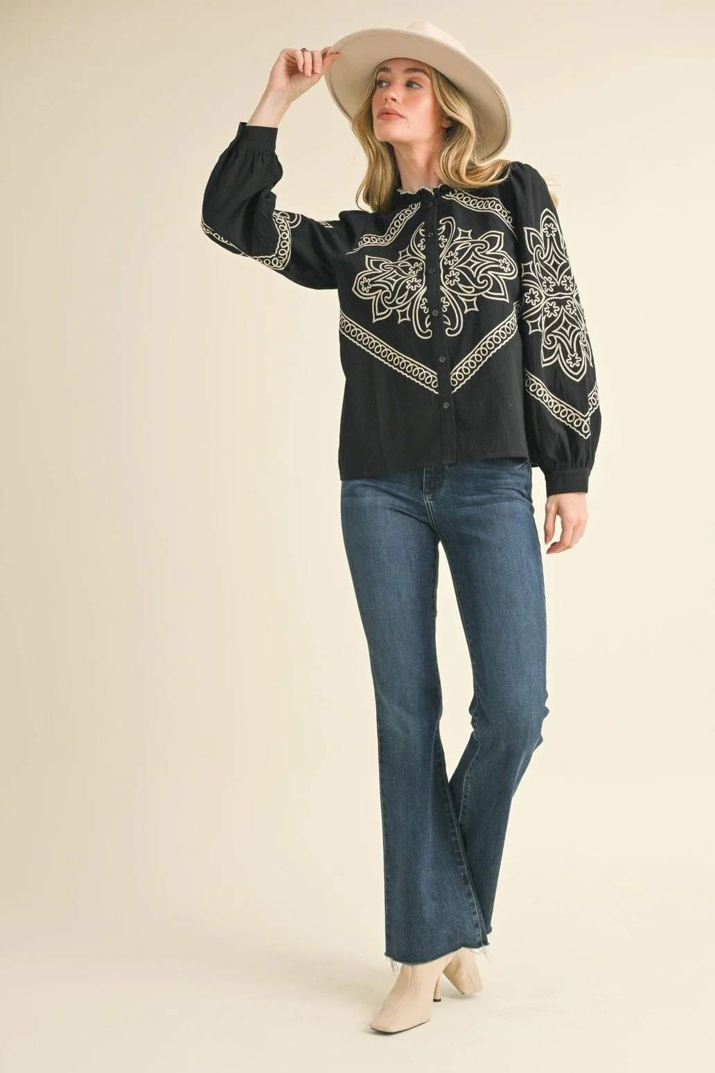 Western Embroidered Puff Sleeve Button Blouse Black