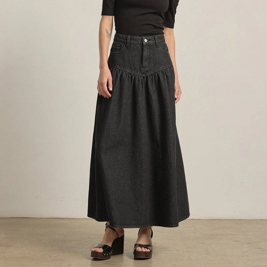 Yoked Denim Maxi Skirt Washed Black