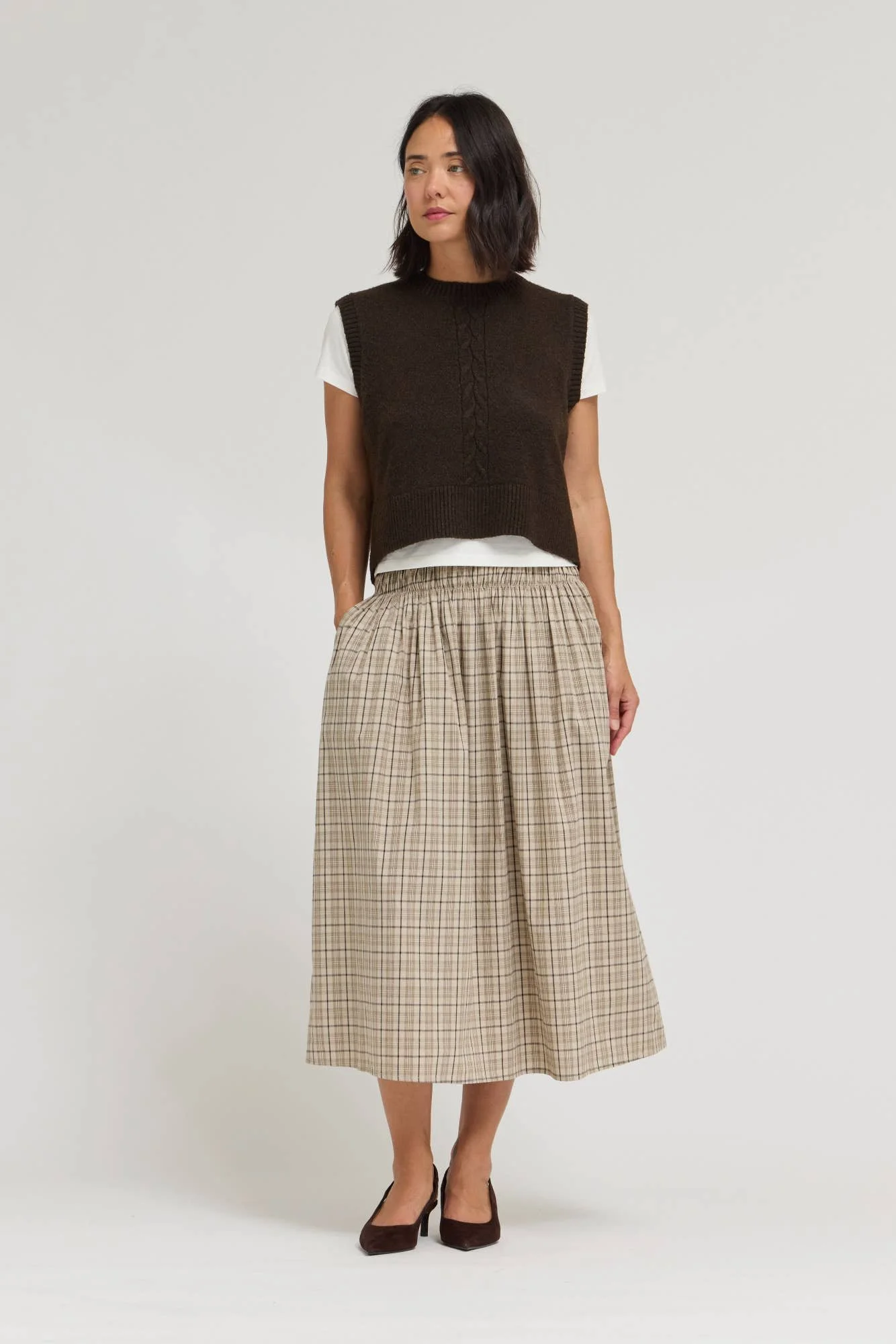 Plaid Smocked Waist Midi Skirt Cream