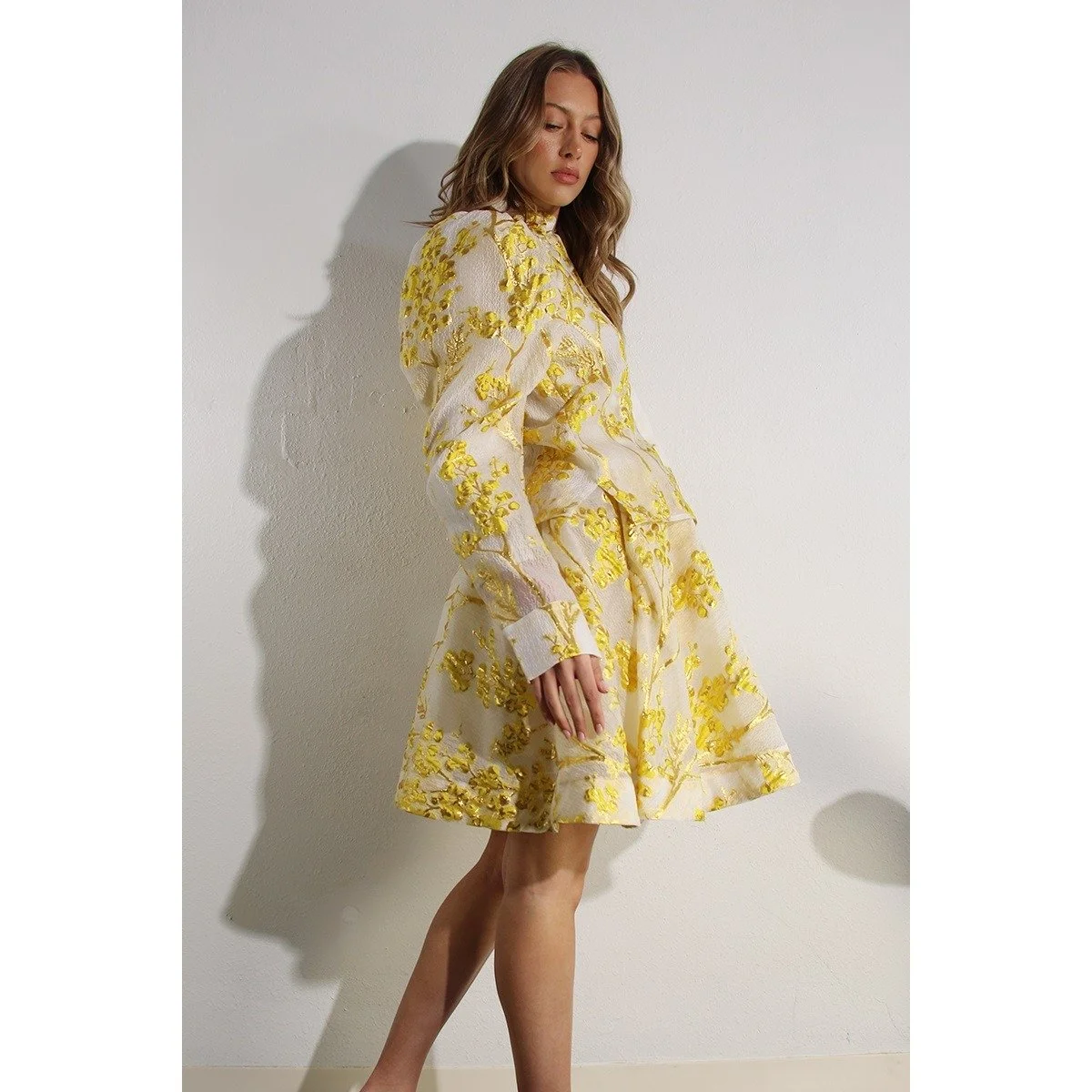 Embossed Print Puff Sleeve Blouse & Skirt Set Golden