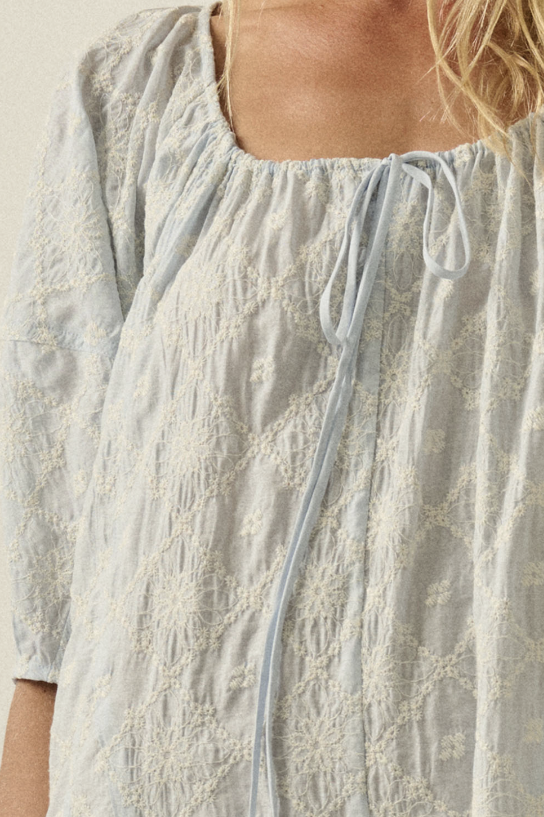 Floral Embroidered Puff Sleeve Babydoll Romper Light Chambray