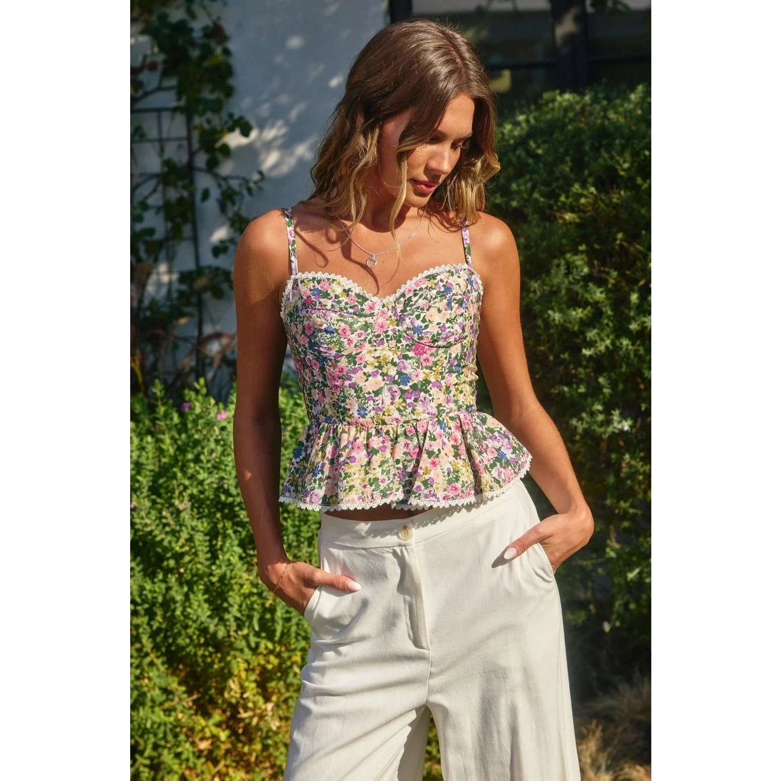Morning Glory Corset Peplum Top Bright Floral