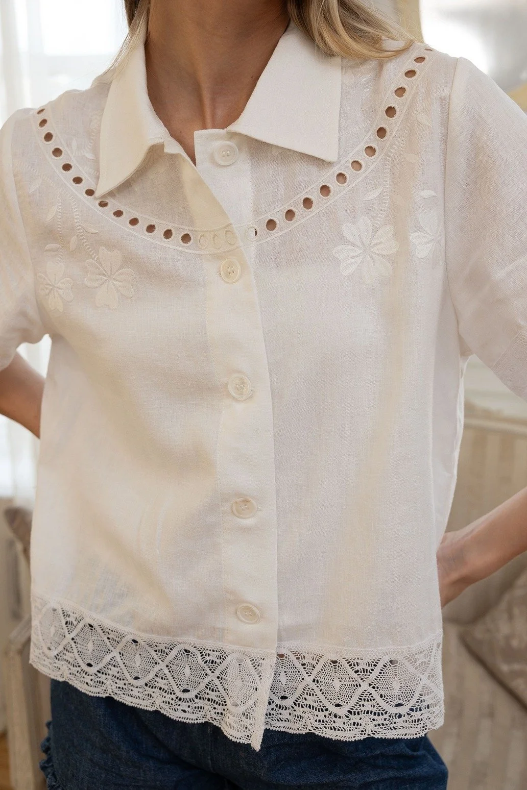 Embroidered Lace Trim Button Blouse White