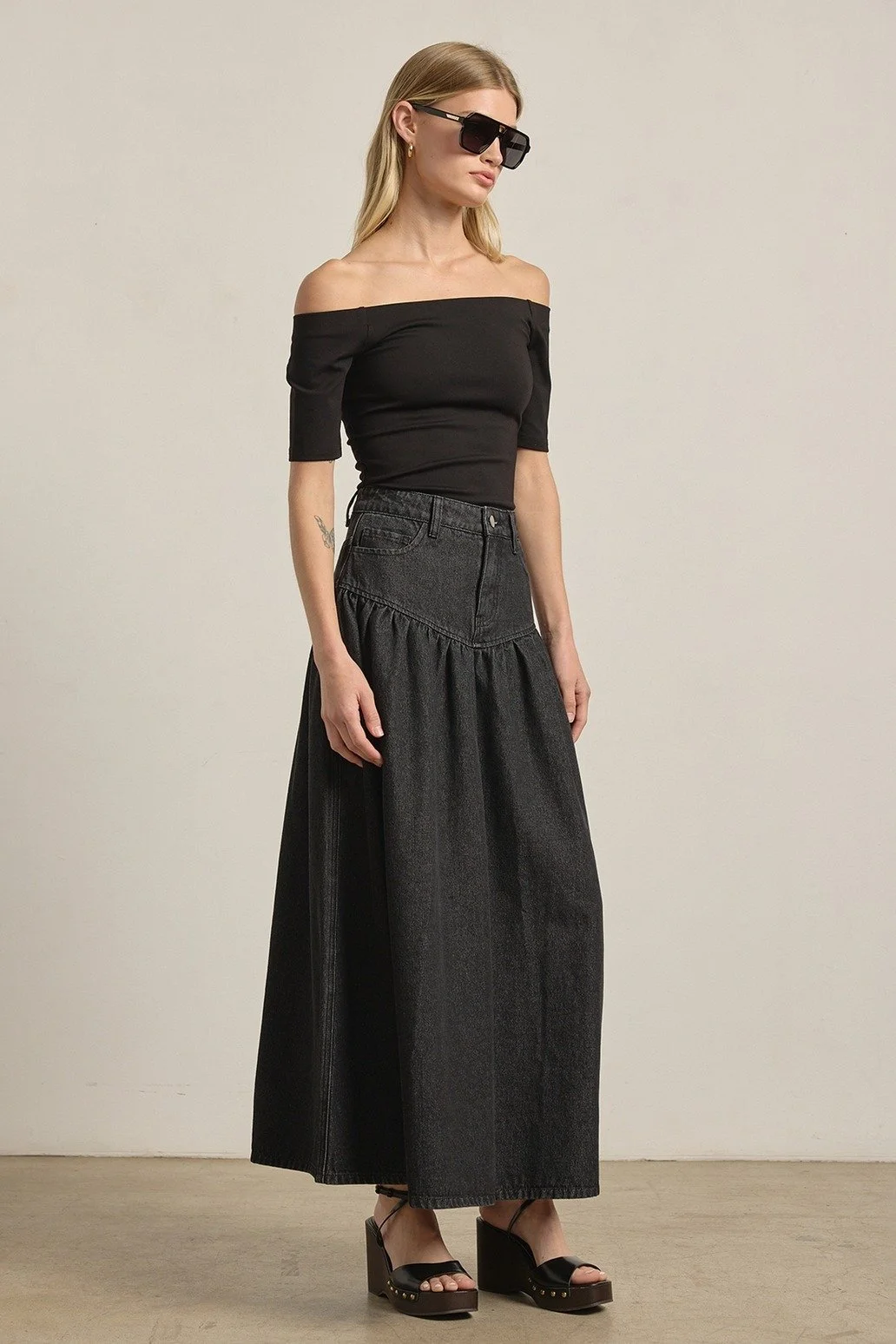 Yoked Denim Maxi Skirt Washed Black