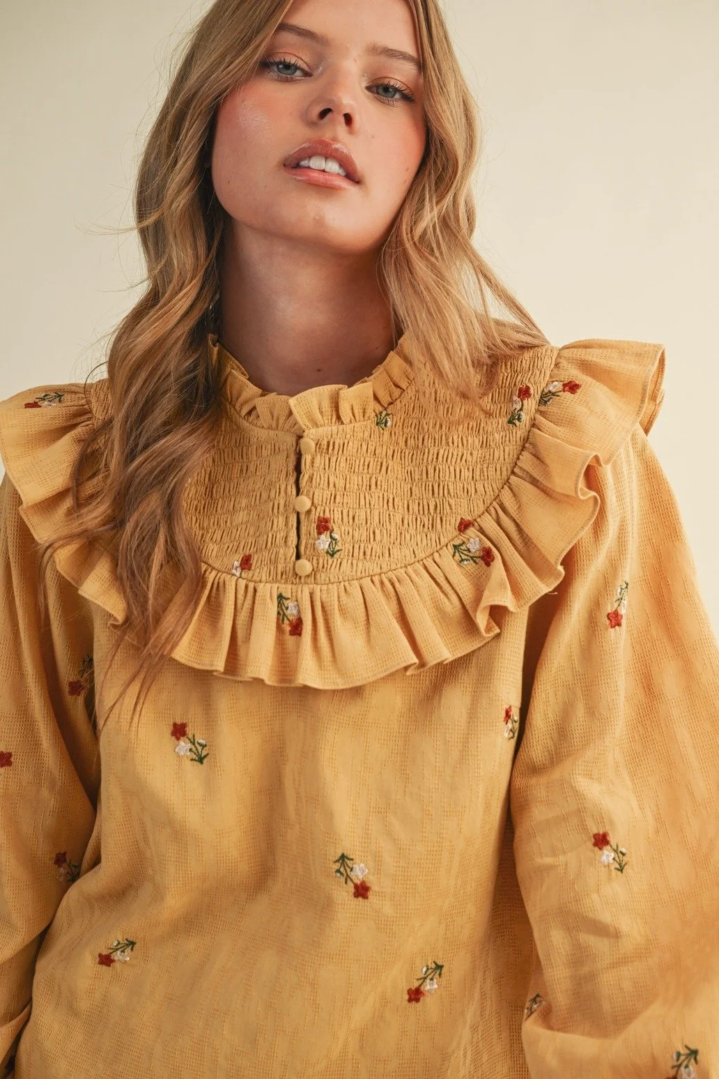 Ruffled Smocked Yoke Embroidered Blouse Mustard