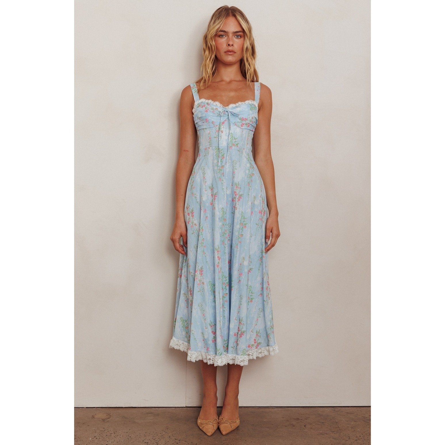 Lace Trimmed Midi Sundress Blue Floral