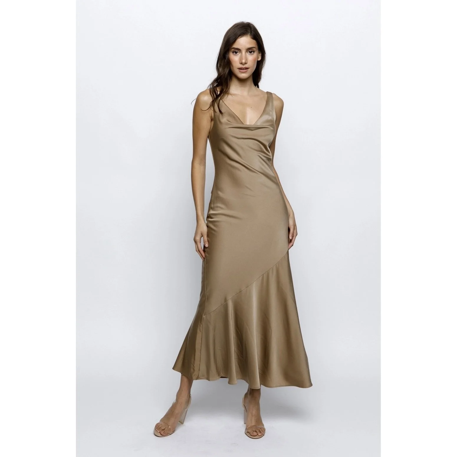 Draped Low Back Satin Gown Golden Taupe