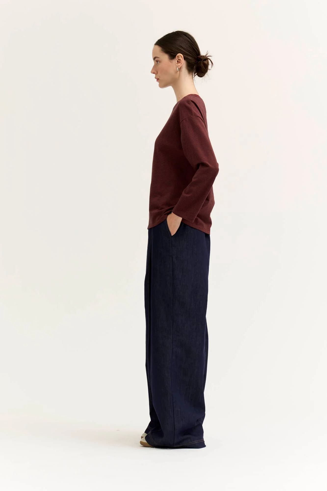 Contrast Color Ribbed Long Sleeve Tee Brick Red