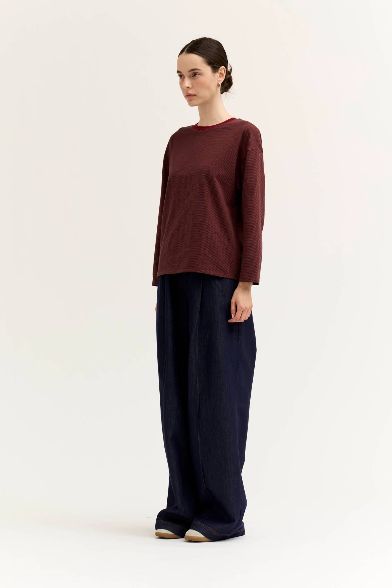 Contrast Color Ribbed Long Sleeve Tee Brick Red