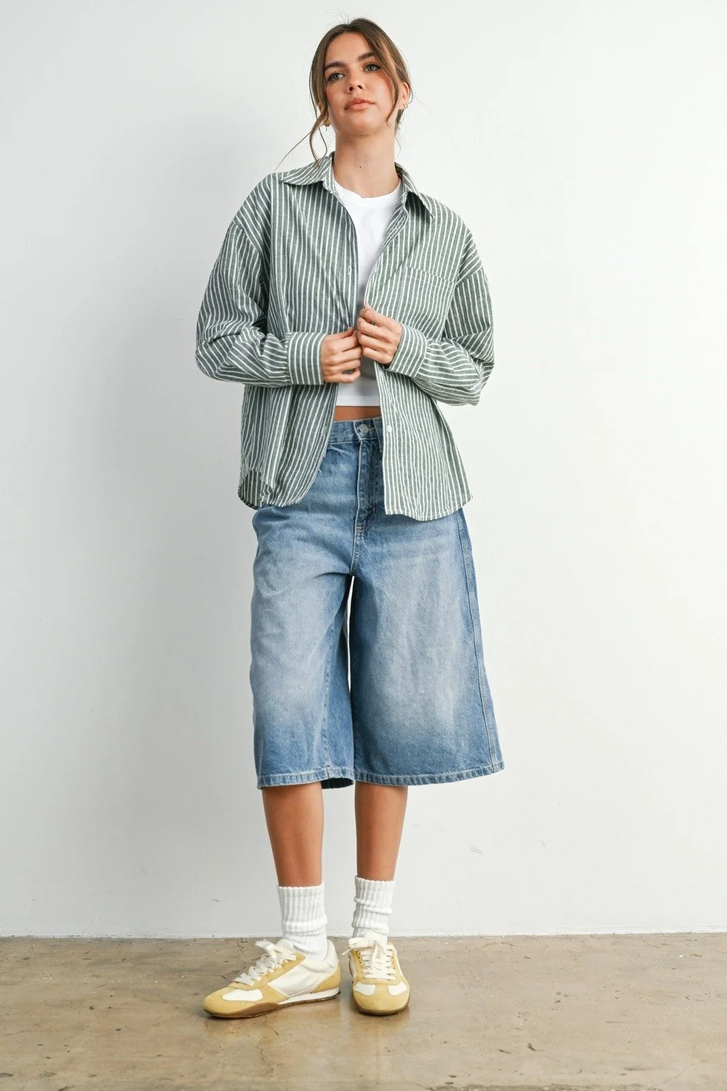 Collared Button Up Top Sage Stripe