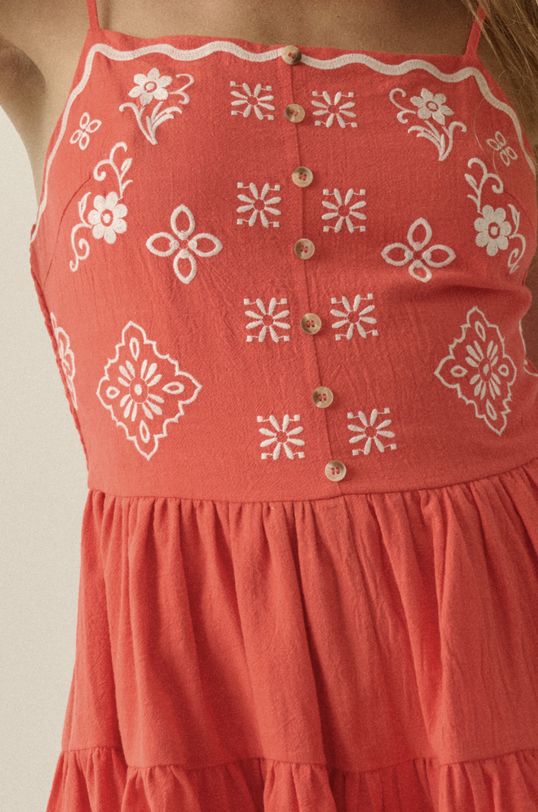 Bandana Embroidery Tiered Ruffle Romper Red Orange