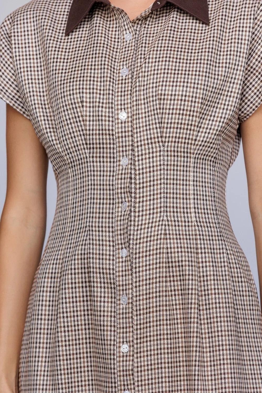 Pinch Pleat Collared Button Down Midi Dress Houndstooth