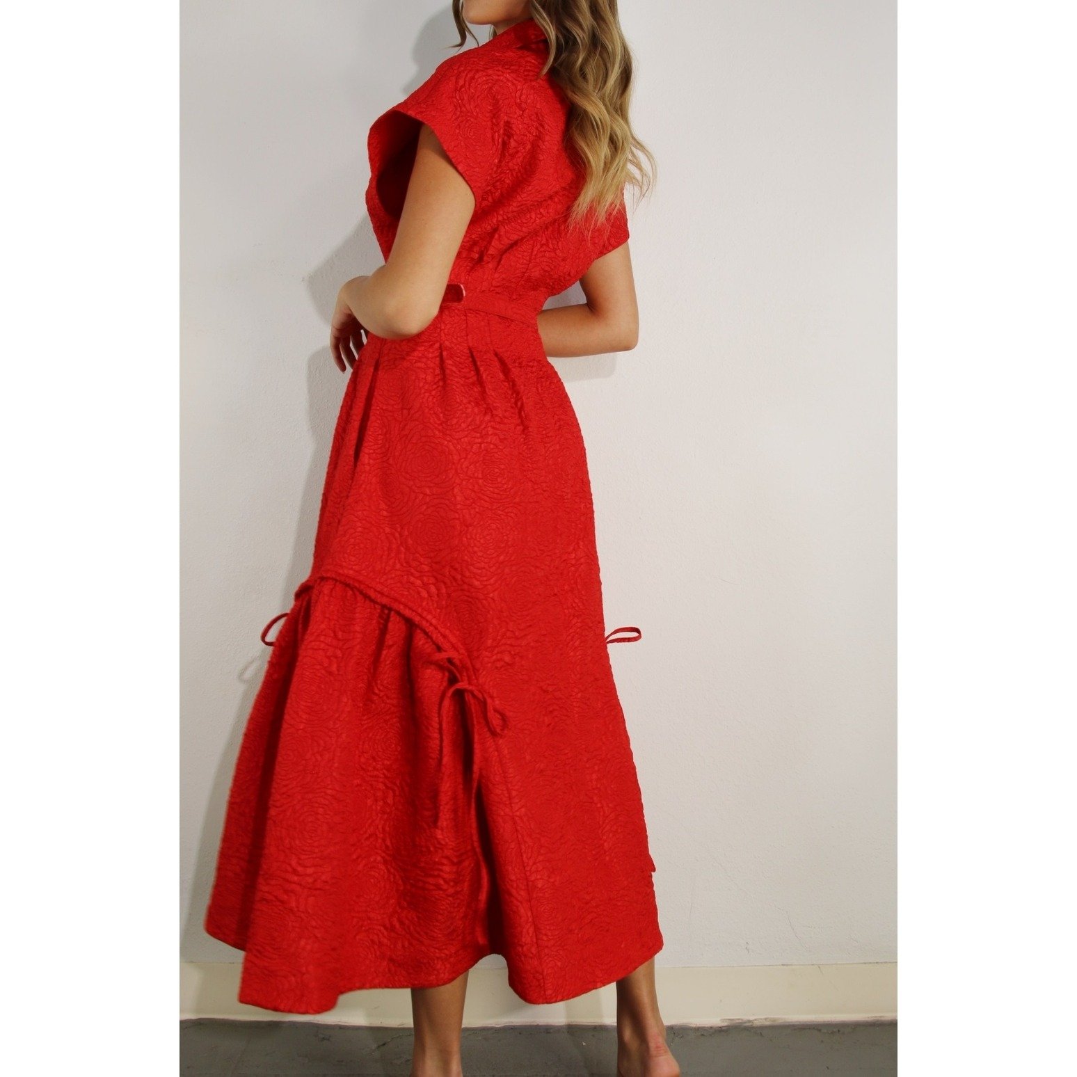 Floral Embossed Button Dress Red